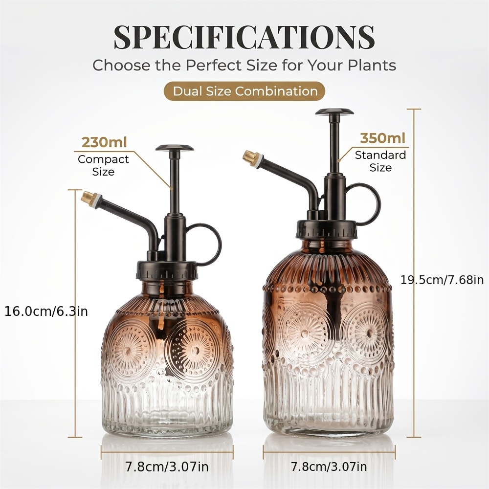 TEMU 2 Pack Vintage Glass Plant Mister Spray Bottle (1 Large & 1 Small) - Retro Pump Watering Can With Top Sprayer, 230ml & 350ml Decorative Suitable