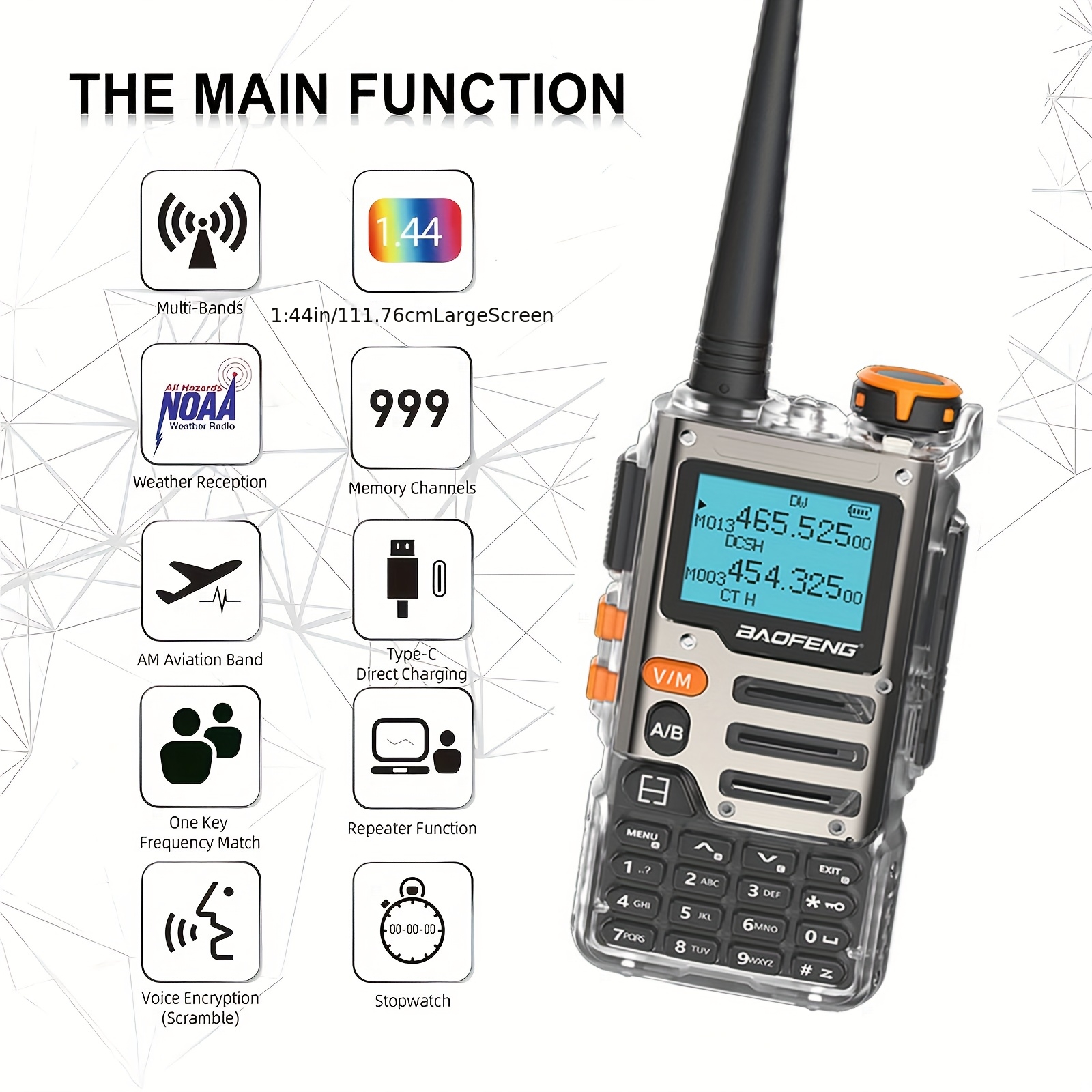 1pc/2pcs   walkie talkie транспарентна боја air band radio type-c полнење 2600mah uhf vhf dtmf fm   бежична фреквенција аматерско   Детали за производот 0
