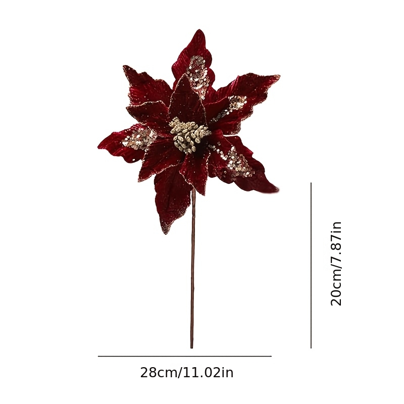 TEMU 1pc Christmas Burgundy Artificial Flower Shiny Glitter Artificial Flower Christmas Tree Garland Ornament New Year Wedding Party Holiday