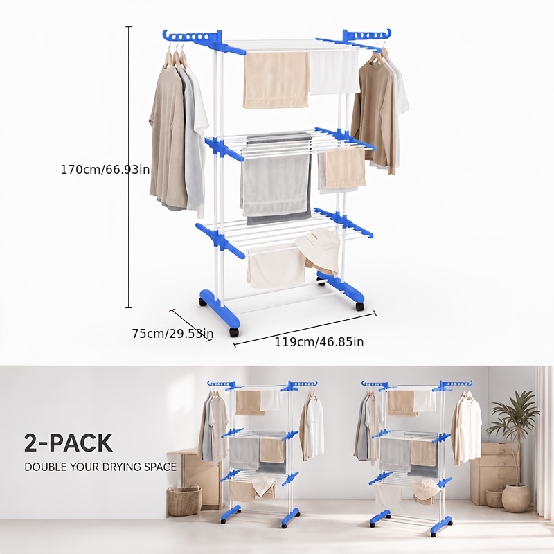 TEMU Lot de 2 Étendoirs à linge pliables à 4 niveaux avec roulettes, bleu et , grande , sur roulettes, de place, pour intérieur, balcon et extérieur