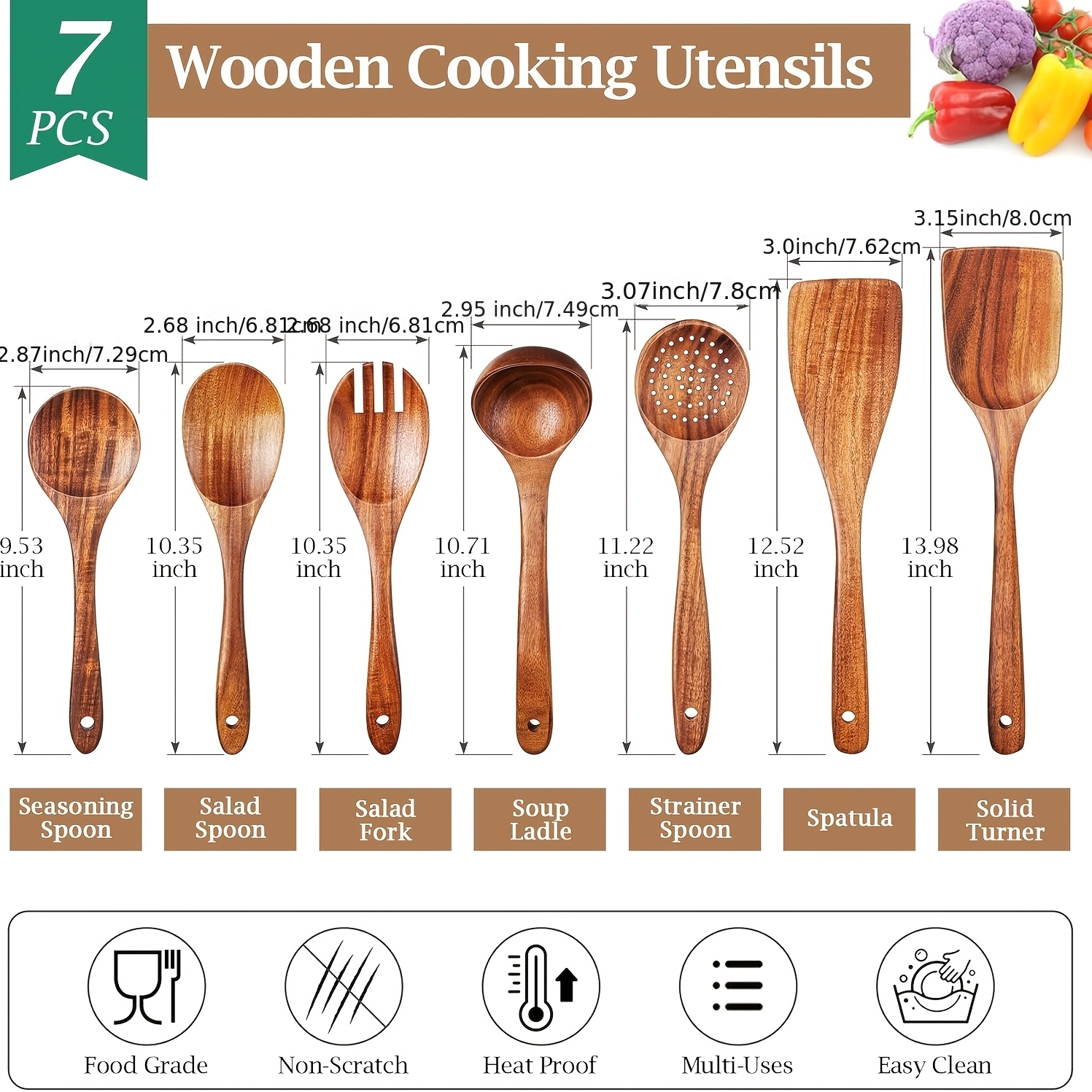 TEMU 7pcs Wooden Kitchen Pan Tool Set, Teak Wood Kitchen Utensil Spatula, Wooden Cooking Utensil Spoon, Frying Spatula, And Salad Fork