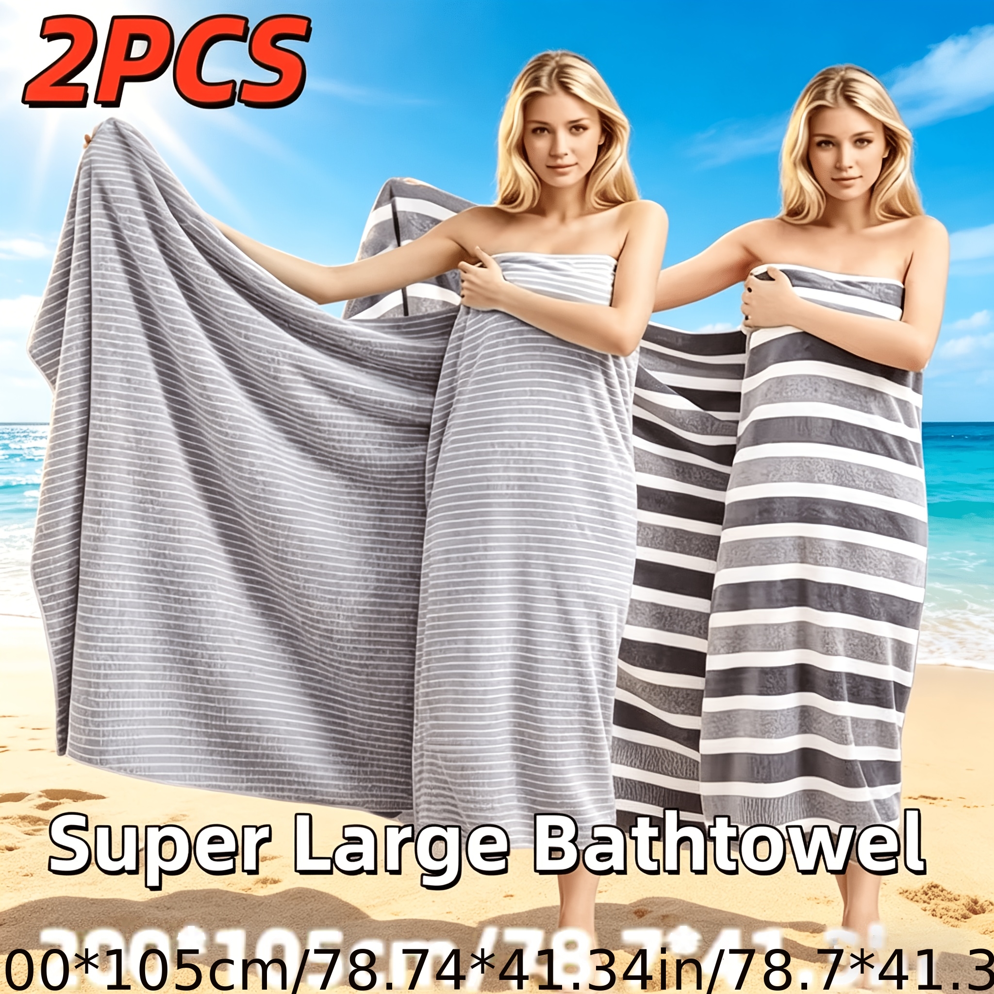 TEMU Lot de 2 serviettes à rayures extra-larges, 200*105 cm, en microfibre douce et confortable à fort pouvoir absorbant. Convient pour articles de