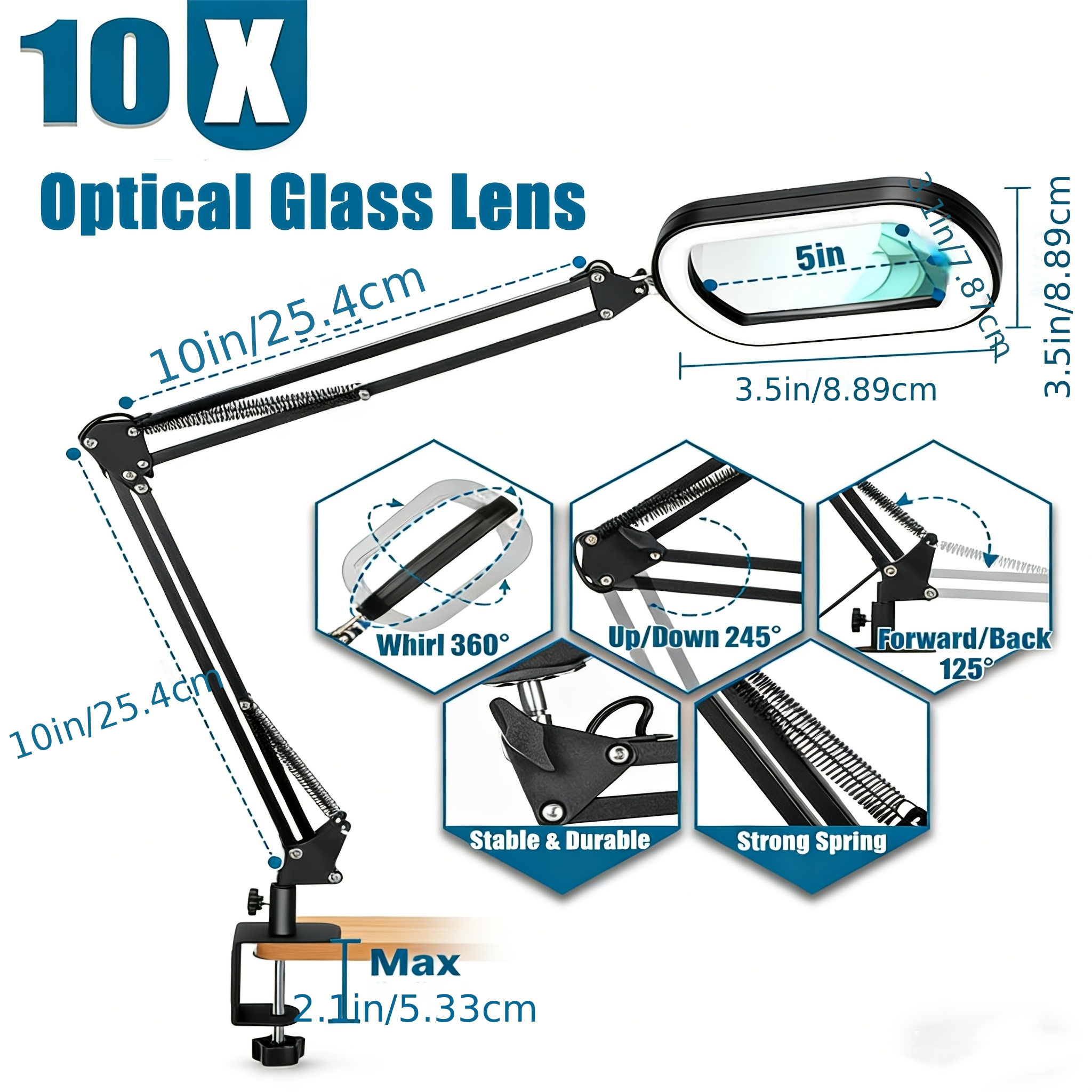 Image of 10x Square Magnifying Glass With Light And Clamp, Optical Glass Lens (not Acrylic), 5-color Dimmable Led Desk Lamp, Adjustable Arm Magnifier For Craft & Close Work