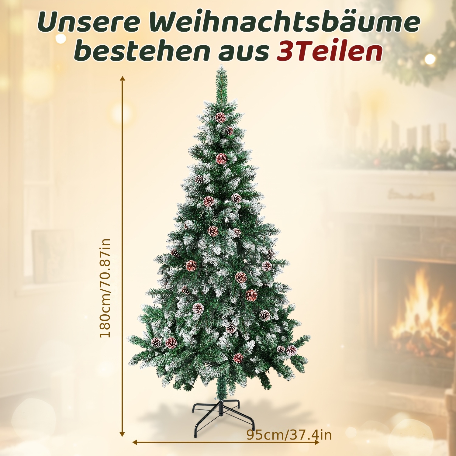TEMU Sapin de Noël Artificiel à avec Pommes de Pin, Arbre de Fêtes Complet à Étages avec Branches Façonnables et Support Métallique Pliable,