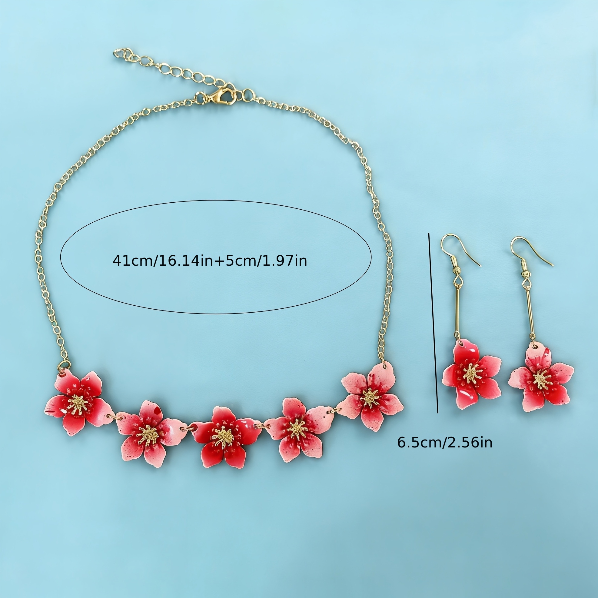 2pcs Romantic Gradient Red Flowers Necklace and Earrings Set