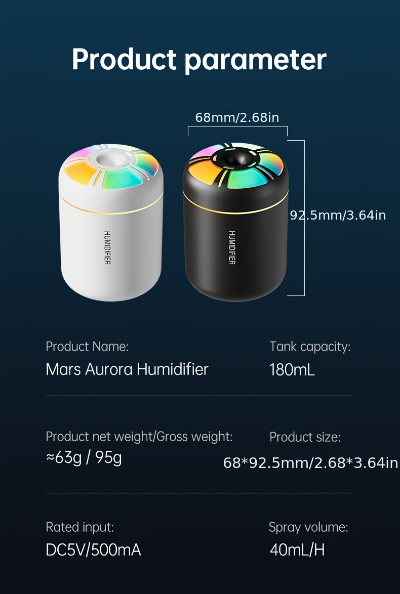 1 buc. Difuzor de aromă umidificator auto USB colorat, umidificator portabil mini cu ieșire mare de ceață de 180ml, dispozitiv compact de hidratare a aerului condiționat din cameră cu rezervor de apă pentru uleiuri esențiale, bateria nu este inclusă, alimentat prin USB