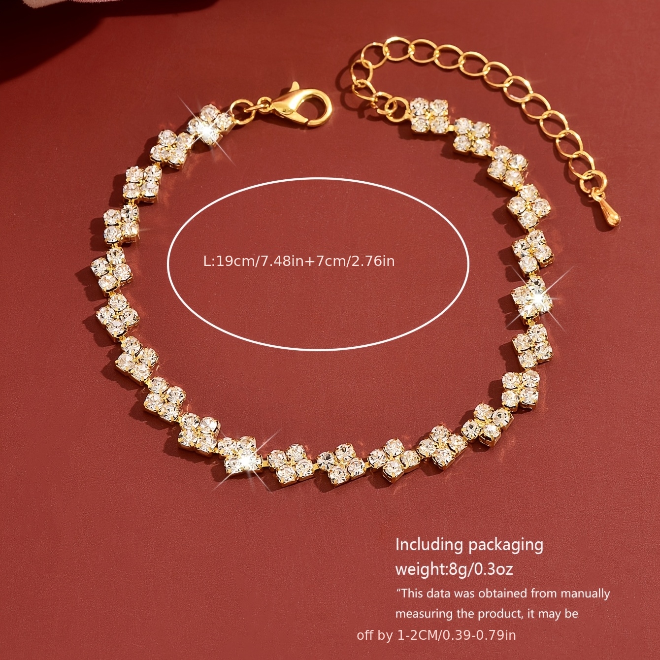 2pcs Trendy Luxurious Claw Chain Rhinestone Square Bracelet Set