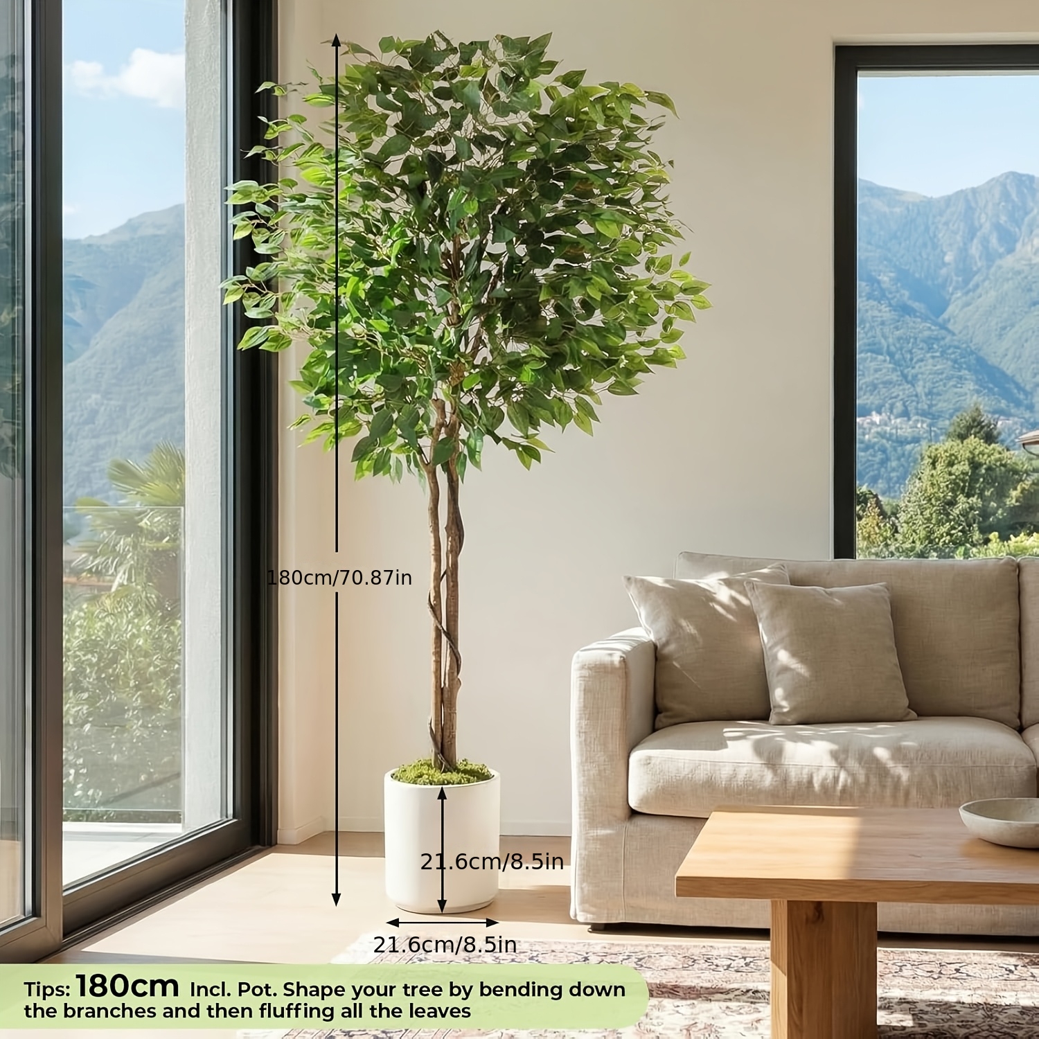 TEMU 150/180cm Artificial Plant (lifelike), Includes White Pot, Curved Trunk, And Green Leaves, Features Plush Moss, Artificial Plants, Housewarming