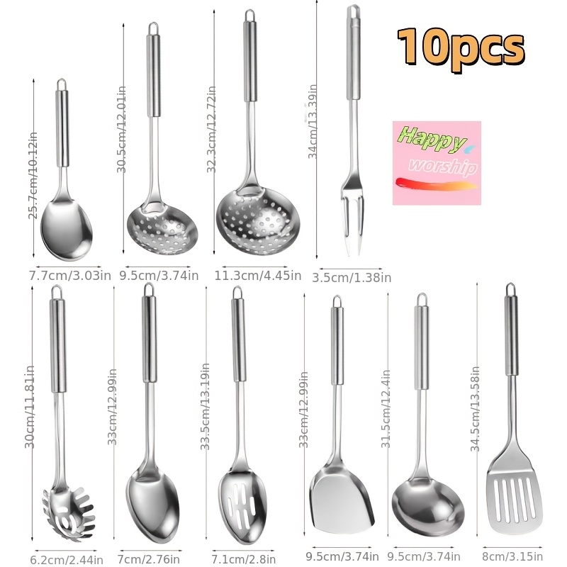 TEMU 10pcs Stainless Steel Cooking Utensil Set, Includes Solid Spoon, Soup Ladle, Slotted Turner, Food Divider, Pasta Fork, Serving Fork, Kitchen
