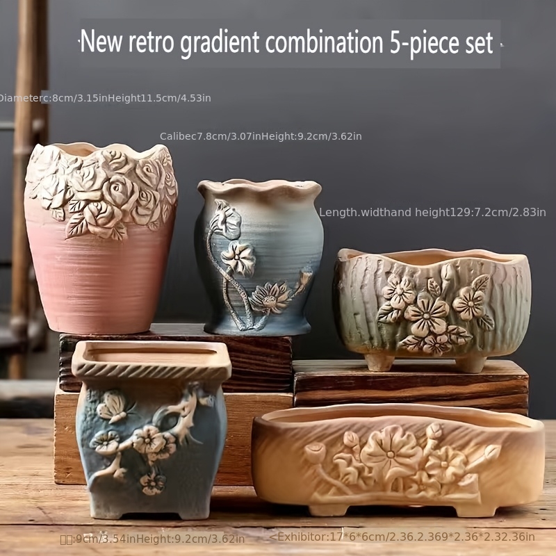 TEMU 5pcs Set Of Succulent Ceramic Flowerpots Creative Succulent Plant Combination Set Breathable Retro Indoor Small Easy Coarse Pottery Thumb Pot