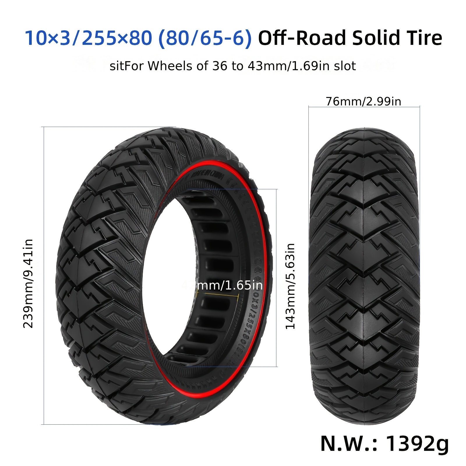 10×3/255×80 (80/65-6) -ring Off-road Solid Tubeless Tire For 10-inch Folding Electric Scooters, Protection, Compatible With Speedual Grace 10, , M4 Pro, 10 Off-road Use