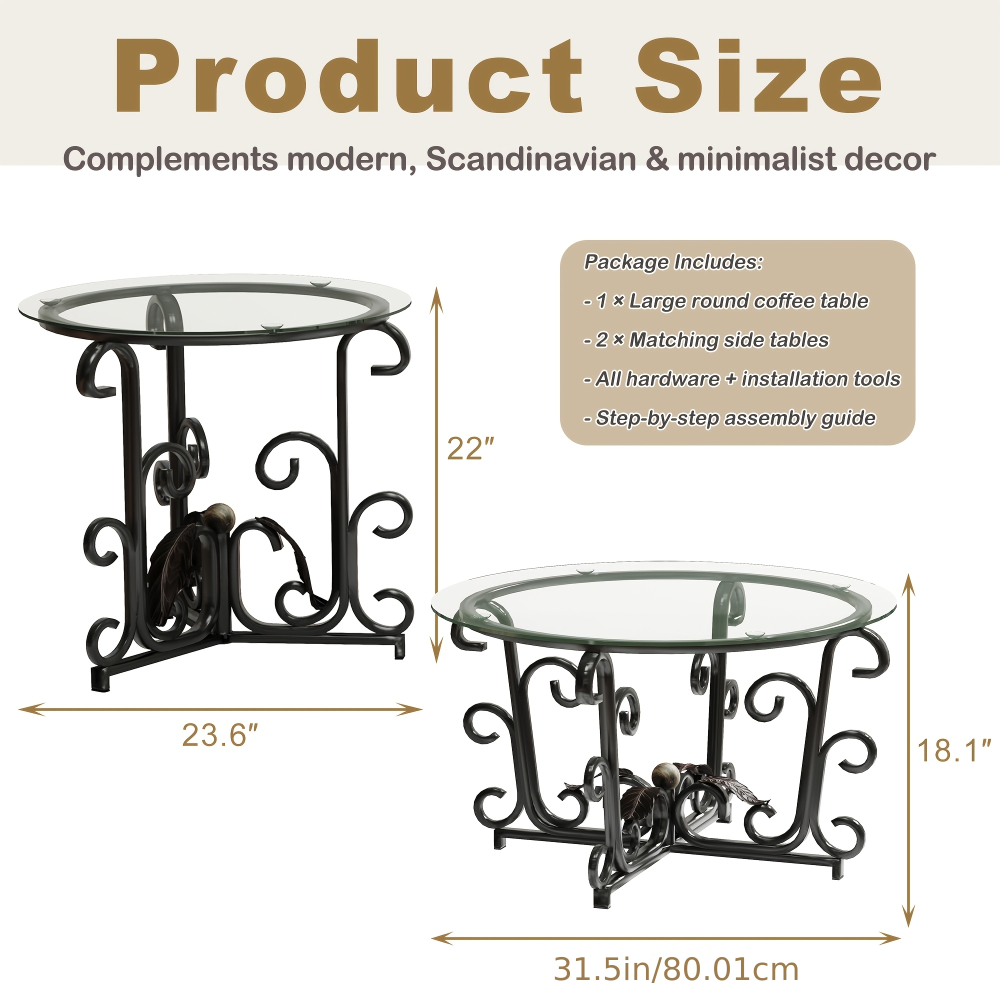 3pcs Round Glass Coffee Table Set, Tempered Glass Top with Black Metal Frame, Modern Living Room Furniture Set with 1 Coffee Table & 2 End Tables for Apartment Small Spaces
