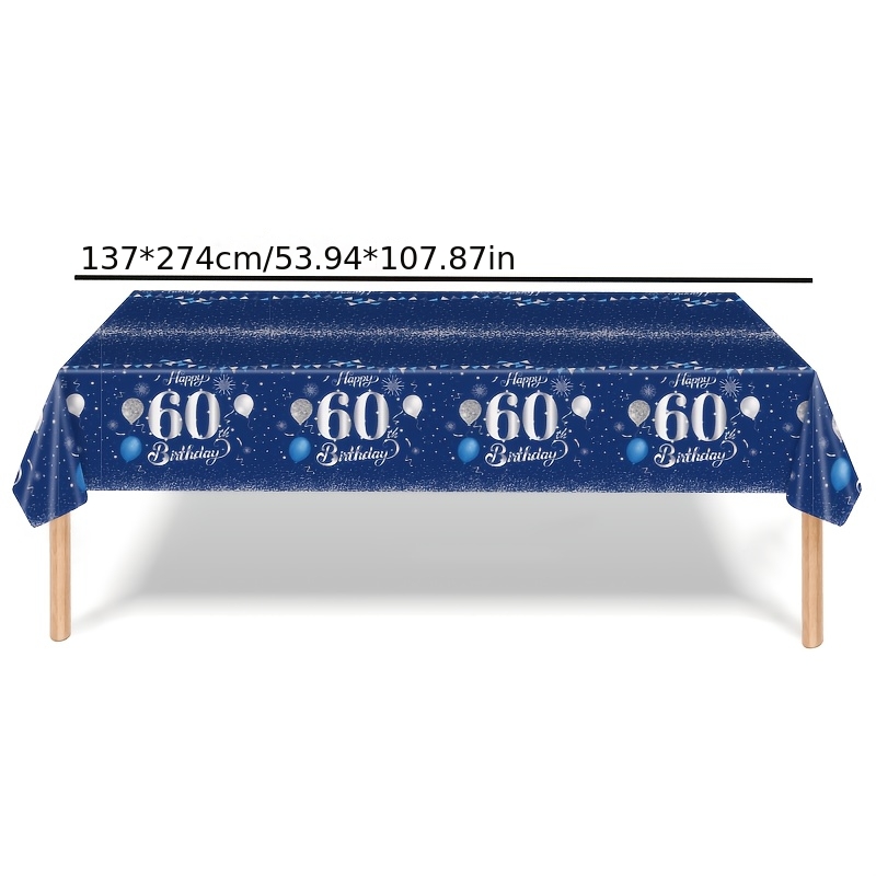 TEMU Ensemble de 1 nappe jetable en plastique pour 60e anniversaire, ballons bleu marine, argenté, bleu, et fournitures de décoration de table