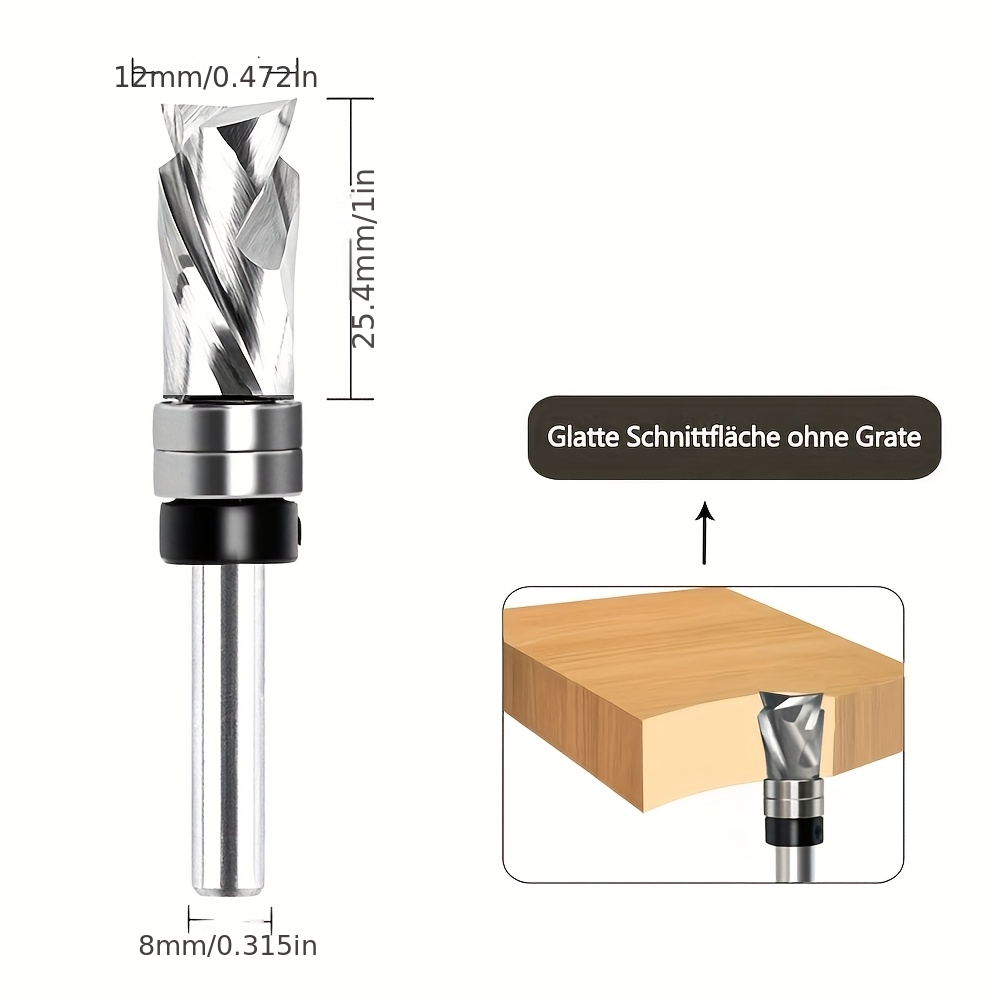 Image of Spiral Flush Cutter With 8mm Shank, Compression Cut Spiral Cutter For Router, 12mm Cutting Diameter, 12.7mm & 25mm Cutting Length, Spiral Grooved Bottom Double Ball Bearing Wood Cutter