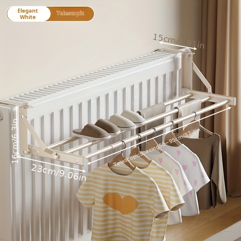 TEMU Multi-functional Wall-mounted Retractable Clothes Drying Rack - A Practical Storage Shelf With Simple Black And White Designs For Indoor Use, An