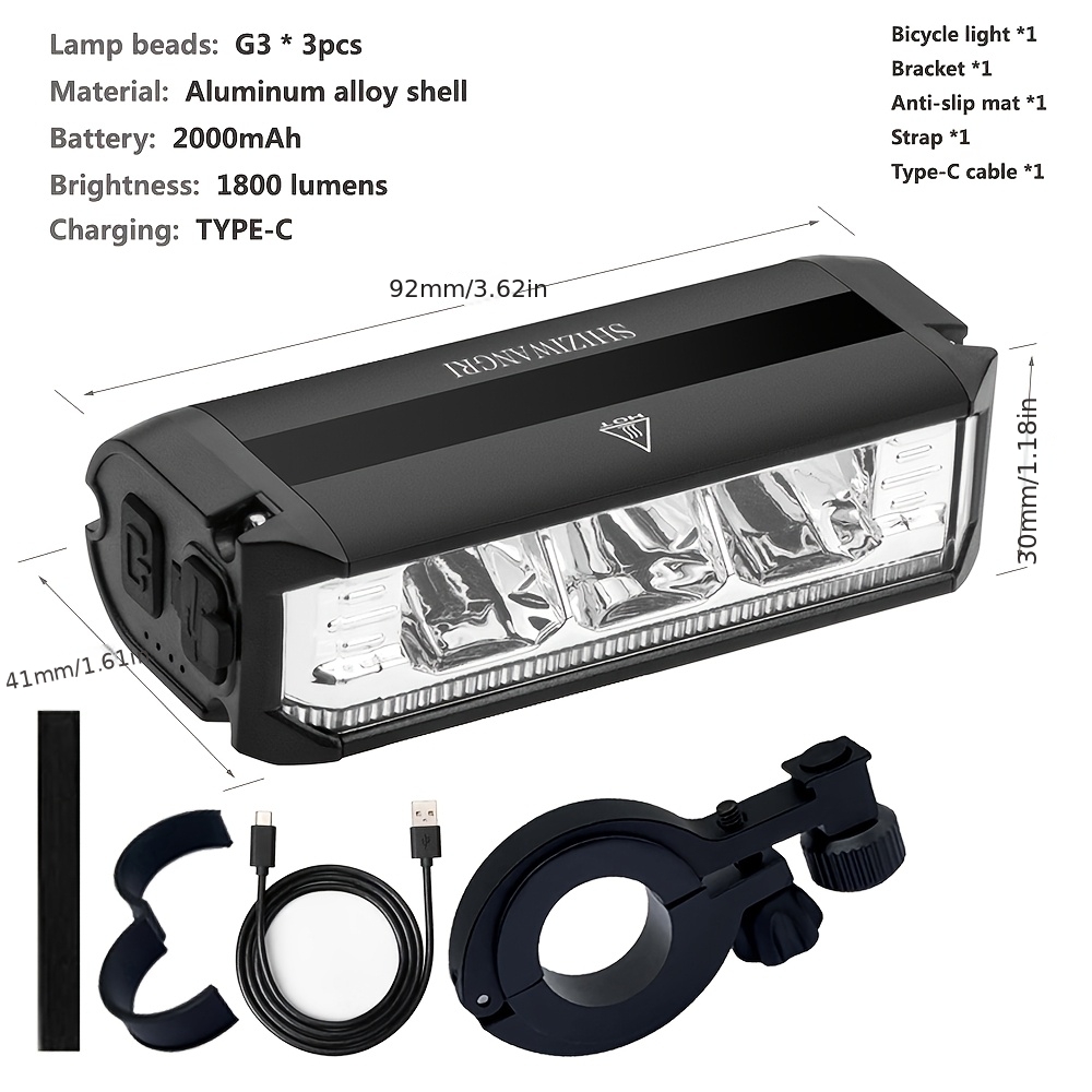 TEMU SHIZIWANGRI Luz Delantera para Bicicleta de 1800LM LED, Linterna Recargable de 2000mAh, Aleación de Aluminio, Carga USB, Accesorio para Ciclismo