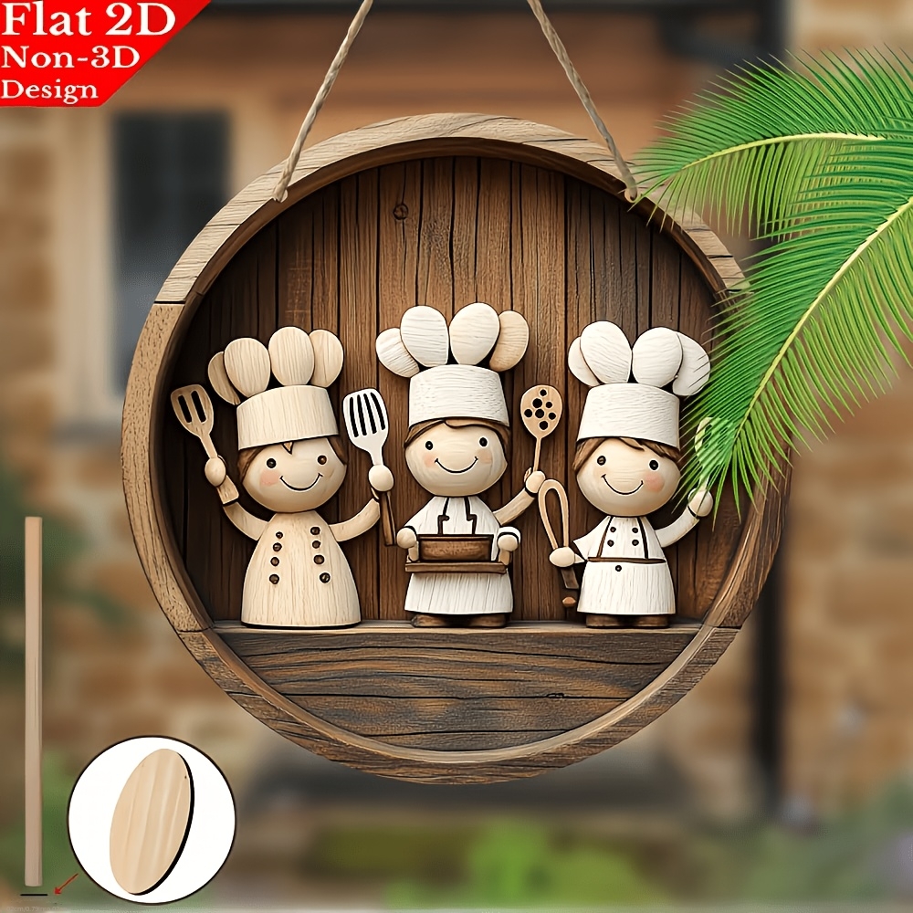 TEMU 2d Flat, 1pc Rustic Round Wooden Wall Hanging Decor With Chef Logo - Wood Suitable For All- Indoor/outdoor Decoration, Vintage Sign For Porch,