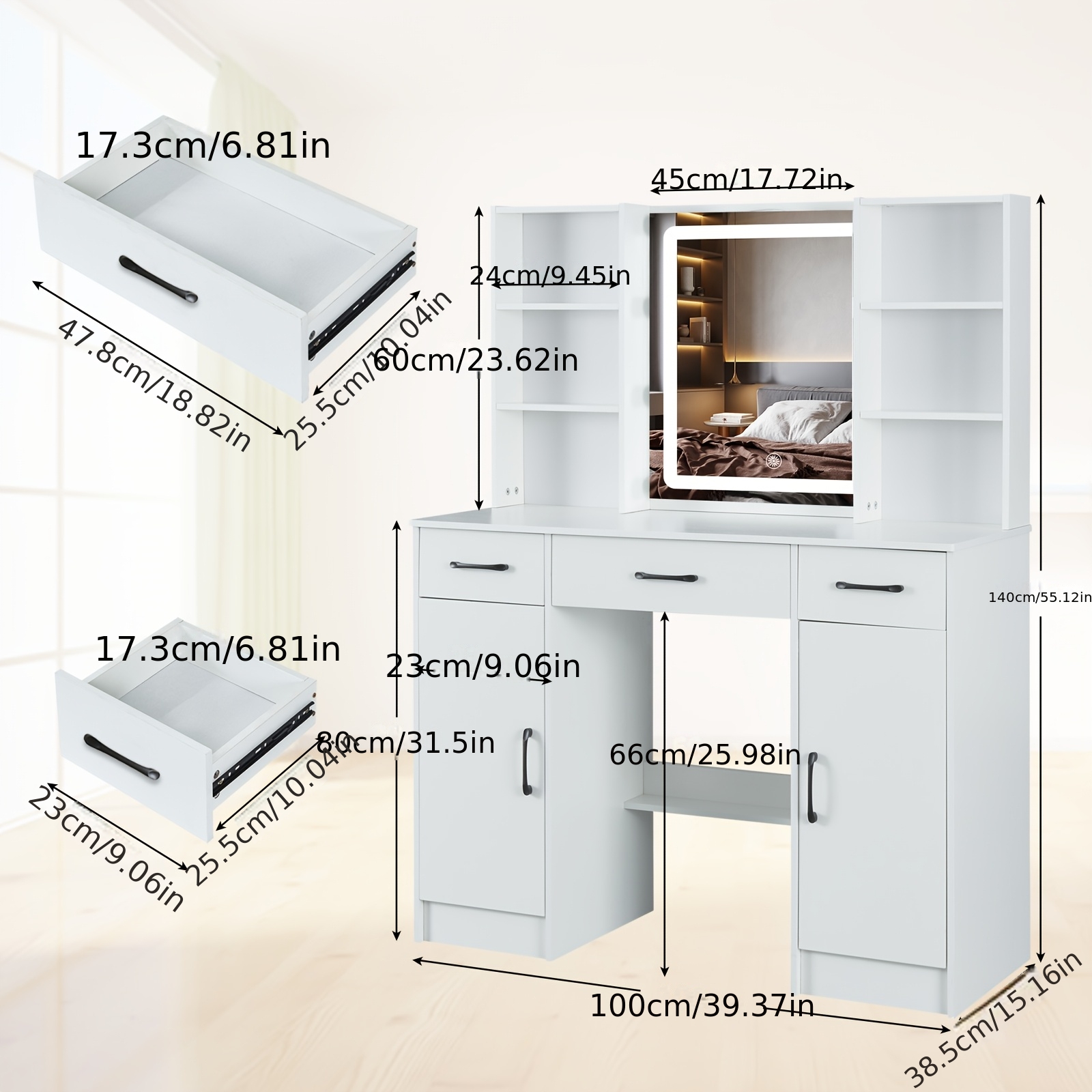 Dressing Table Stool Set with Smart LED Mirror & Makeup Vanity