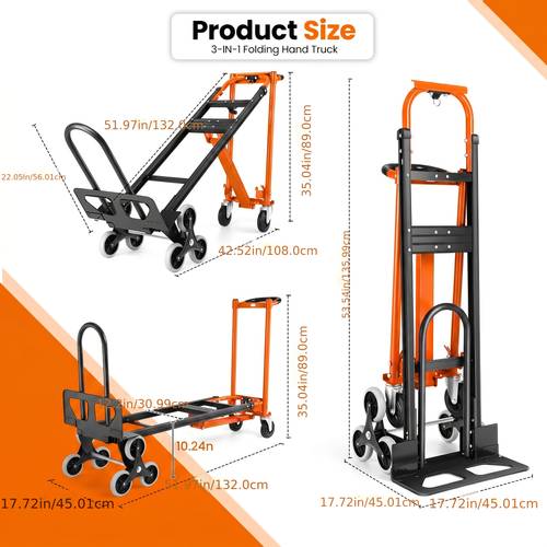4 in 1 heavy duty hand truck dolly 1000 lbs capacity stair climbing cart convertible industrial utility cart to platform truck folding moving dolly with solid wheels orange