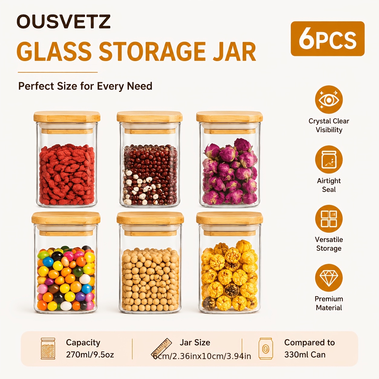TEMU 6-pack Glass Storage Jars With Bamboo Lids, Square Food Containers For Kitchen Pantry Organization, Airtight Spice Snack Grain Storage Jars