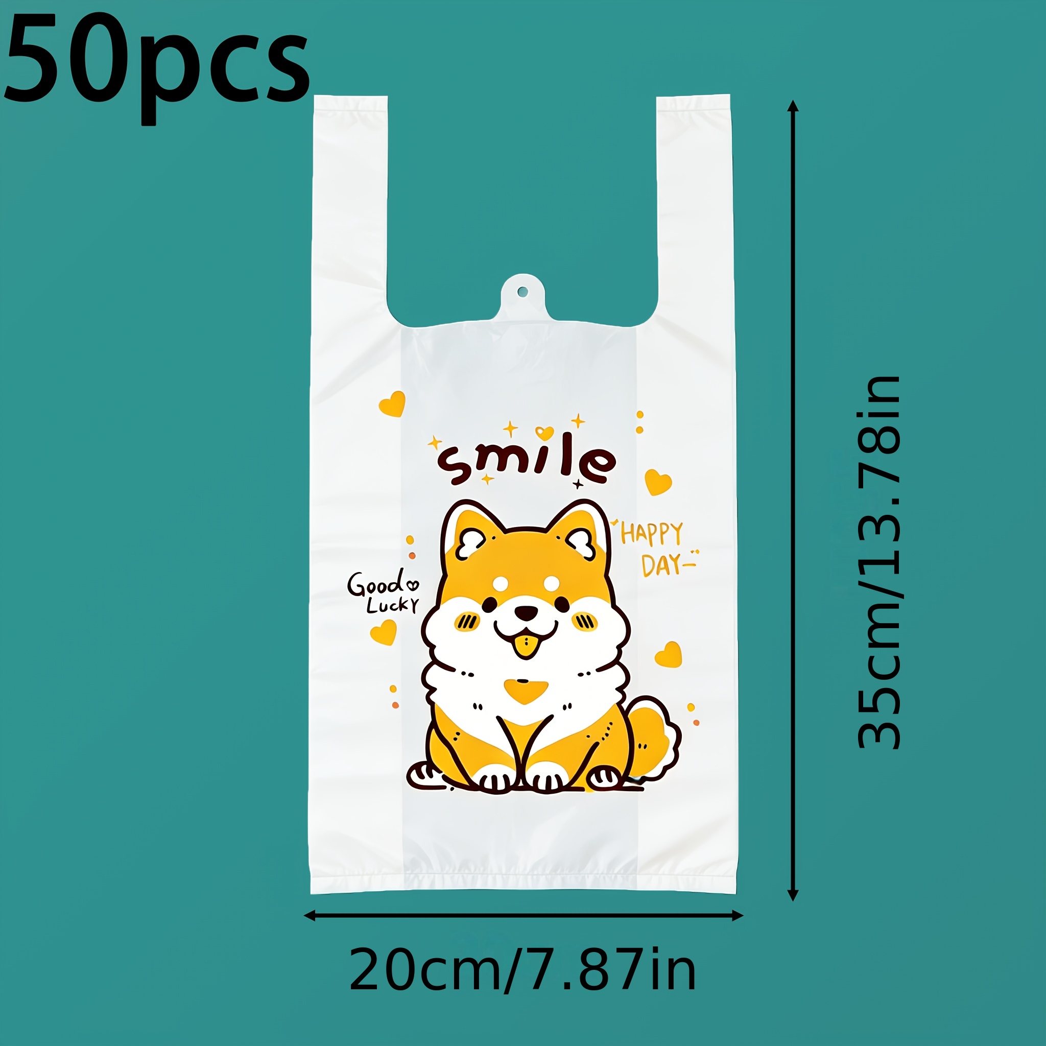 TEMU 50pcs Sacs en plastique Cartoon - Sacs de courses épaissis 50Um durables, motif chien , avec texte "Smile" et "Good Luck", sacs cadeaux