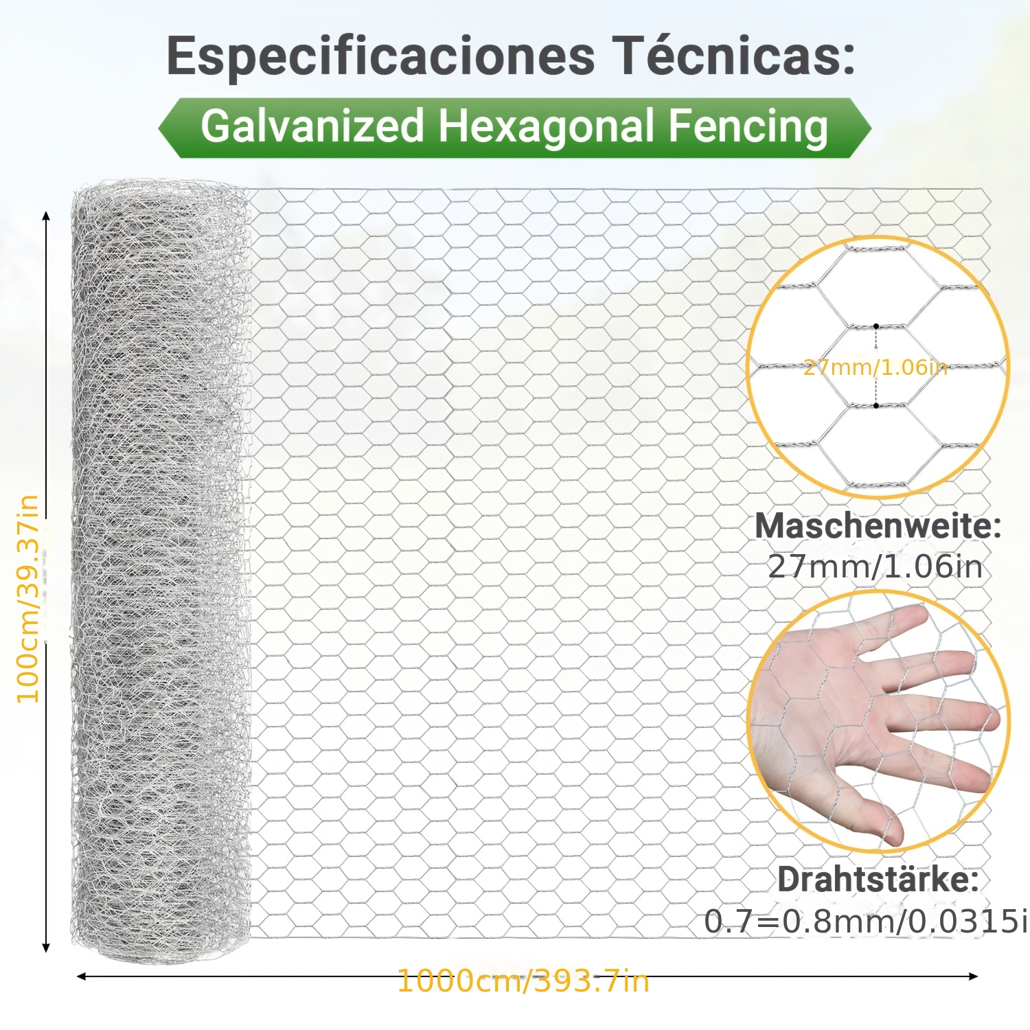 Hexagonal Mesh Fence, Galvanized Rabbit Cage Wire, Wire Mesh, Rabbit Cage Wire, Hexagonal Wire Mesh, Mesh Size 27mm, Silvery-white, In 3 Sizes: 1000*100cm, 2500*50cm, And 2500*100cm
