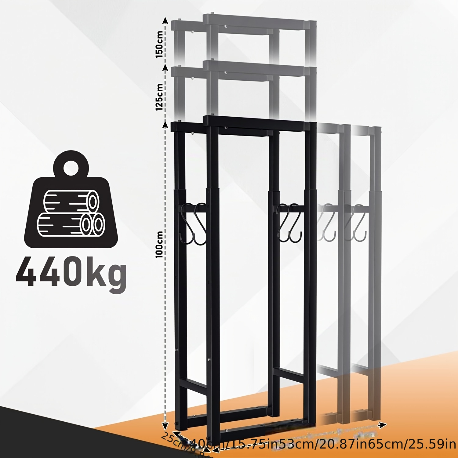 Image of Adjustable Metal Fireplace Log Rack, Adjustable To 9 Different Sizes, Log Rack With 4 Hooks, Designed For Stacking Logs, Suitable For Indoor And Outdoor Use, Adjustable Length: 40 To 65 Cm
