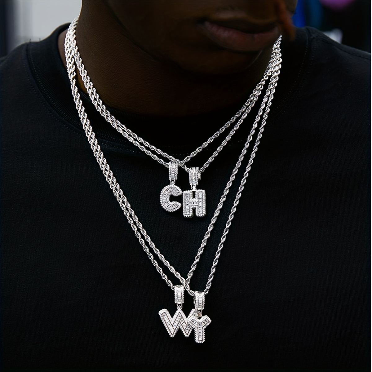 Zircon Initial Necklace For Men Rock Candy Letter Pendant Necklace  Stainless Steel Cuban Chain Hip Hop Couple Alphabet Jewelry