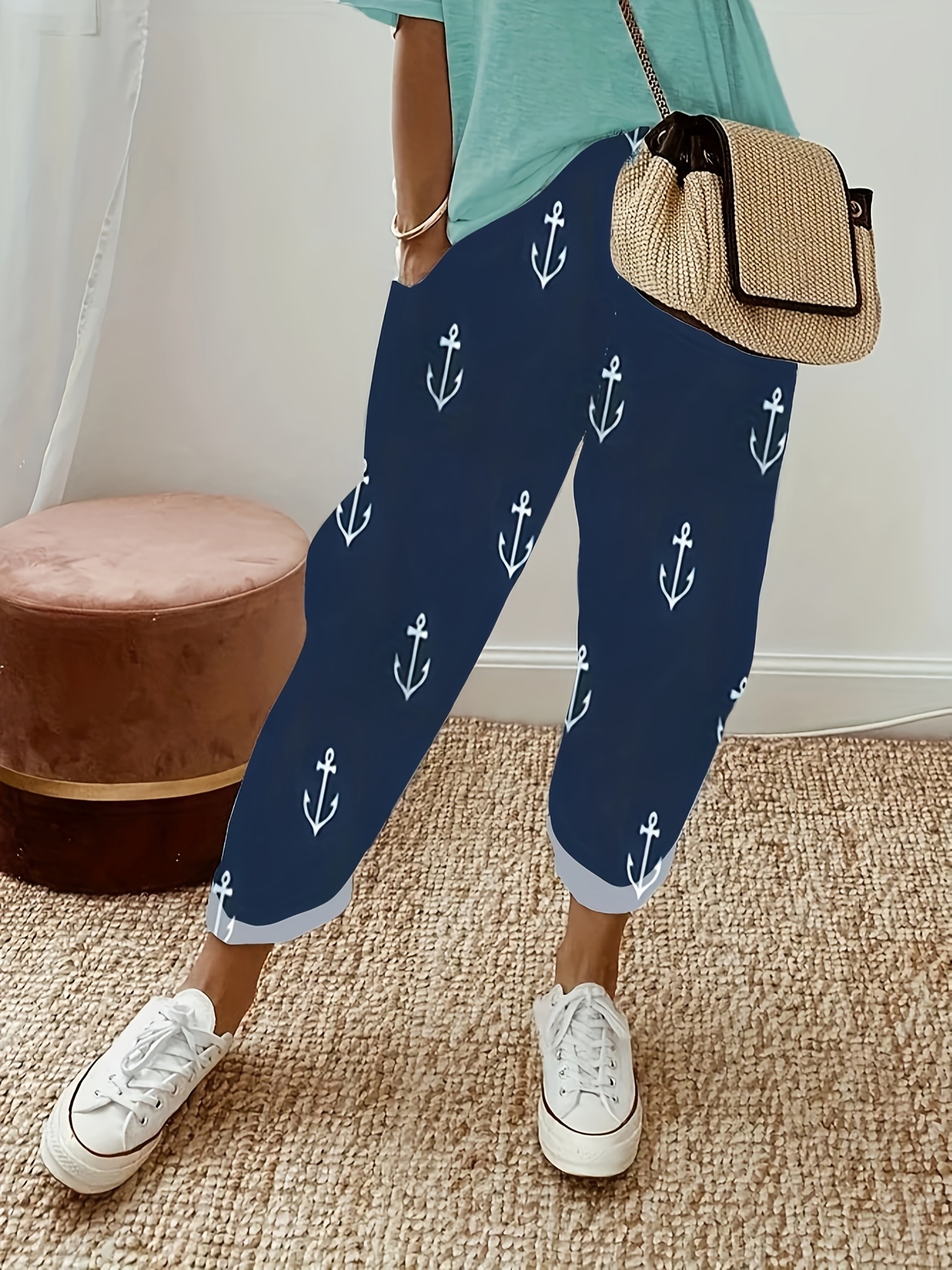 Women's Pants Blue Stone Print Casual Comfortable Pants - Temu