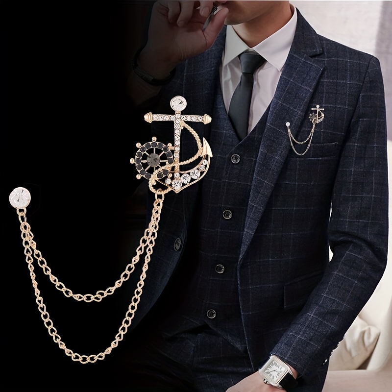 Red Rose Lapel Chain Knot Zircon Suit Brooch With Chain Tuxedo Earrings,  Men's Shirt Collar Pin Wedding Groomsman Accessories - Temu