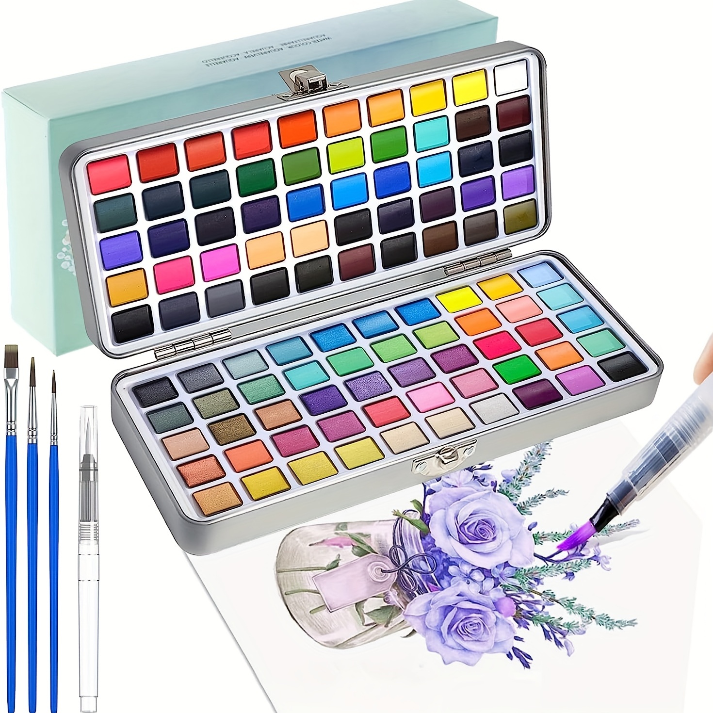 Artecho Acuarelas Profesionales 18 Colores, Incluyendo Pinceles de Agua,  Esponja y Diagrama de Color en Blanco, para Principiantes y Profesionales.