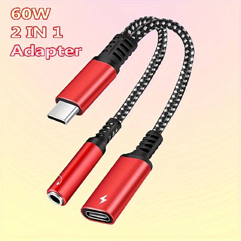 KOOPAO Adaptador de cargador de auriculares USB C a 0.138 in, 2 en 1 tipo C  3.0 conector de audio auxiliar DAC de 60 W PD cable de carga rápida