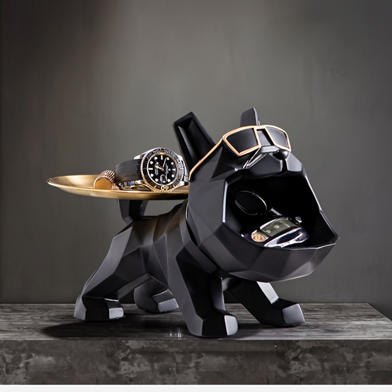 Resin Cool Dog Sculpture Bulldog Decorative Figurine Storage Tray Entrance  Table Key Holder Candy Snack Jewelry Earrings Holder Modern Art Statue for