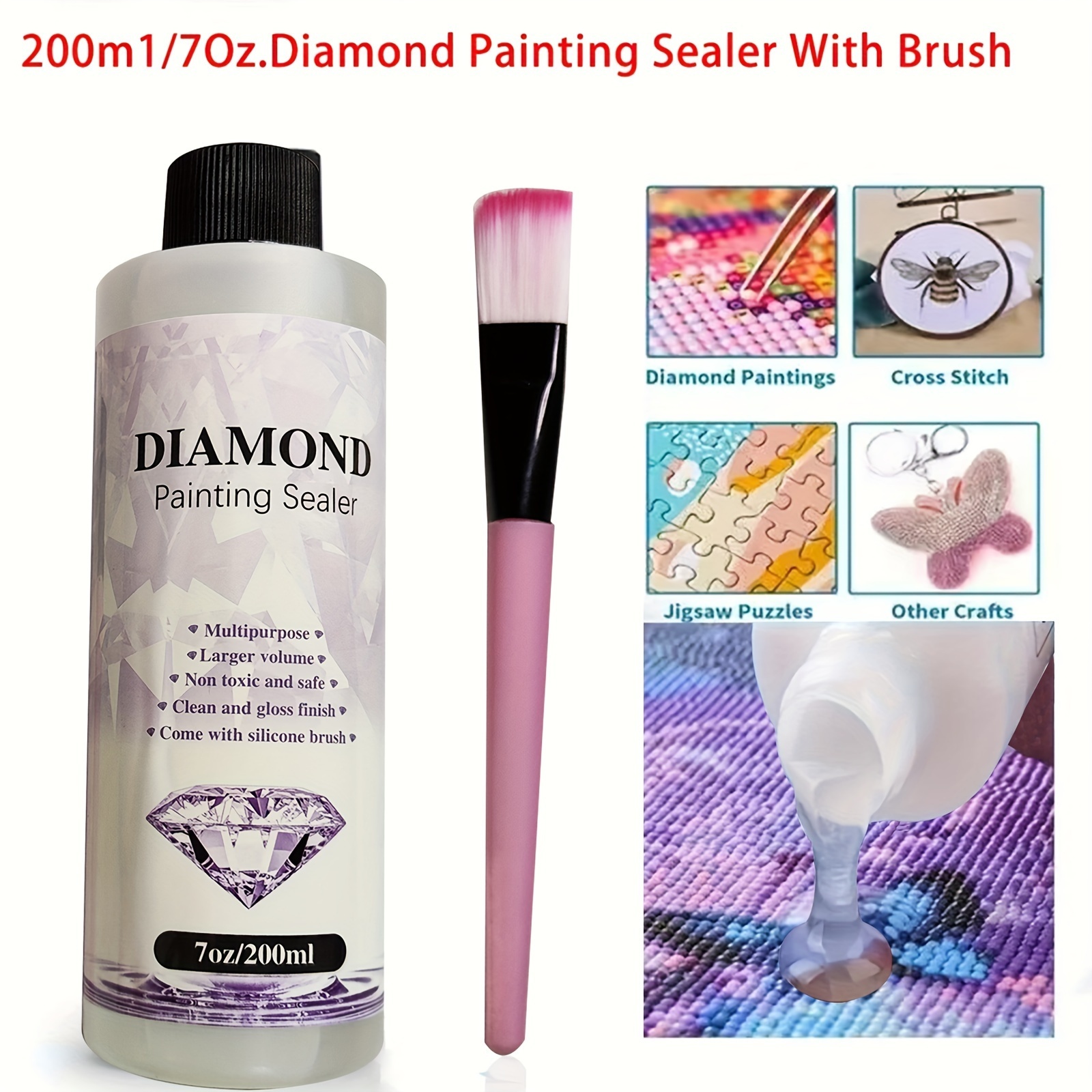 Diamond Painting Sealer 240 ml/8 oz with Silicone Brush, 5D Diamond Art Sealer Permanent Hold Shine Effect for Protect Diamond Painting and Puzzle