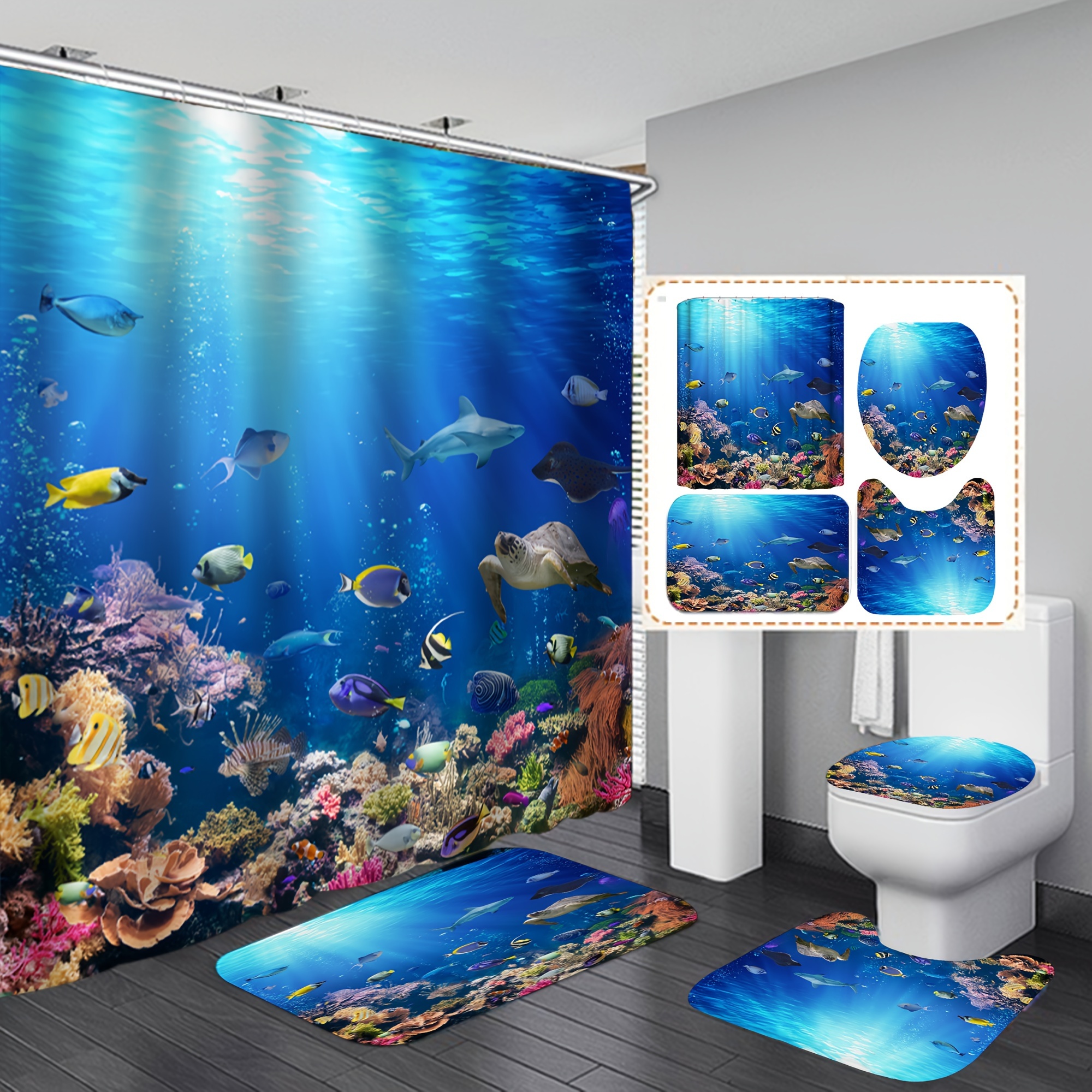 Divertida cortina de ducha de tela de gato para baño, diseño de animales  marinos, pulpo, estrella de mar, tortuga, ancla náutica, peces, juego de