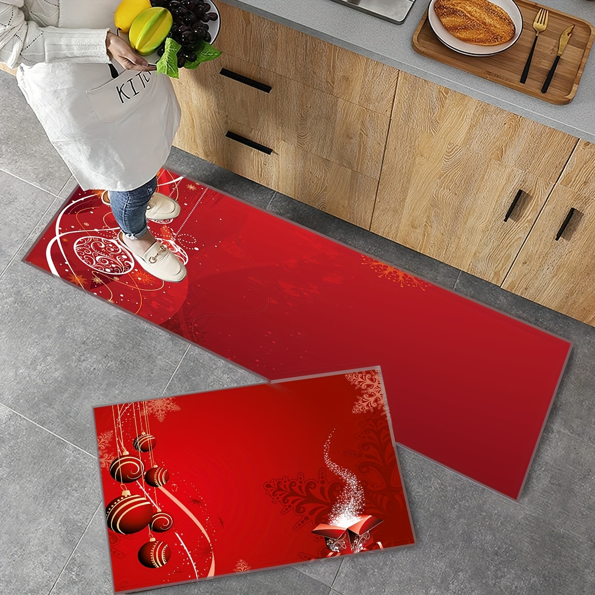 1/2pcs Red Christmas Santa Claus Kitchen Mat, Anti-fatigue Soft