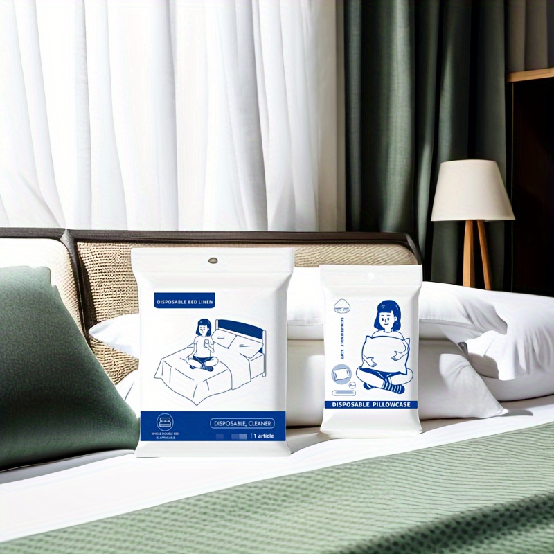 4pcs Ensemble de literie jetable Portable Non-tissé Draps de lit blanc  Couvre-lit Couette Housse Double taies d'oreiller pour voyage d'affaires  Hôtel Voyage