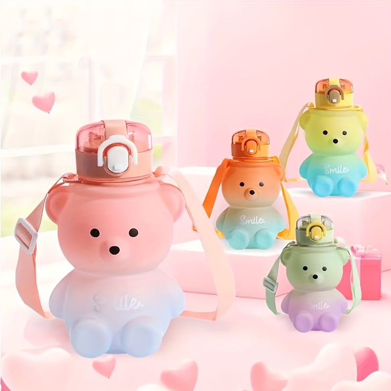 Bear Straw Bottle, Bear Water Bottles with Adjustable Shoulder Strap Cute Stickers,Portable Drinking Cup for Girls Boys School Office Travel, Size