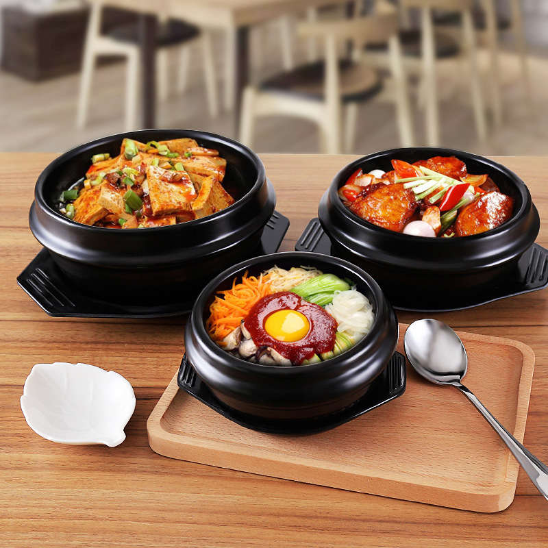 laffoonparts Korean Cooking Stone Pot Set, Premium Ceramic, D 6.3'' Stone Bowl Sizzling for Bibimbap and Soup, Korean Bibimbap Pot w/Tray 