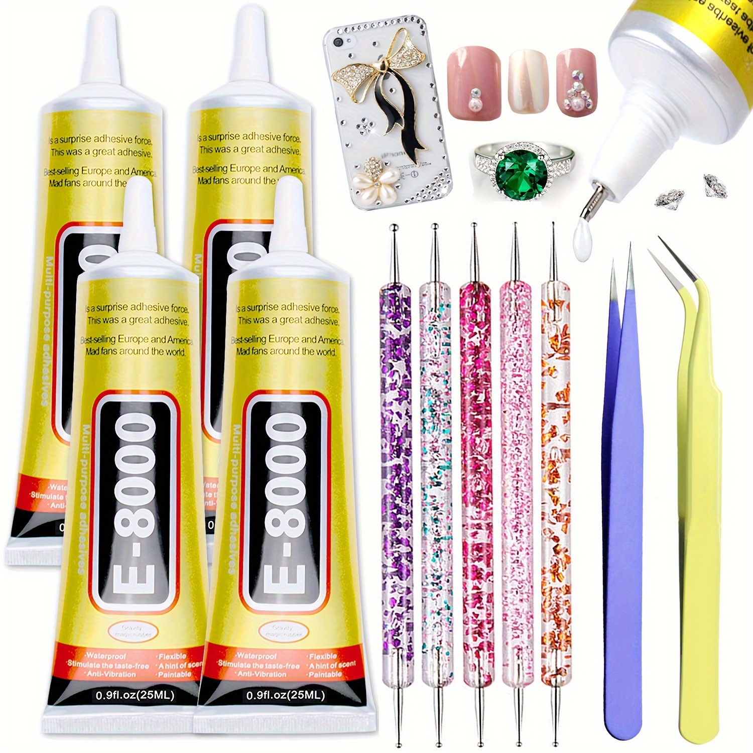 B 7000 Clear Glue with Rhinestones Craft Kit, 2 x 110ML B-7000 Adhesive  Glue with Nail Gems, Dotting Tools, Brush for DIY Bead Stone Jewelry Making