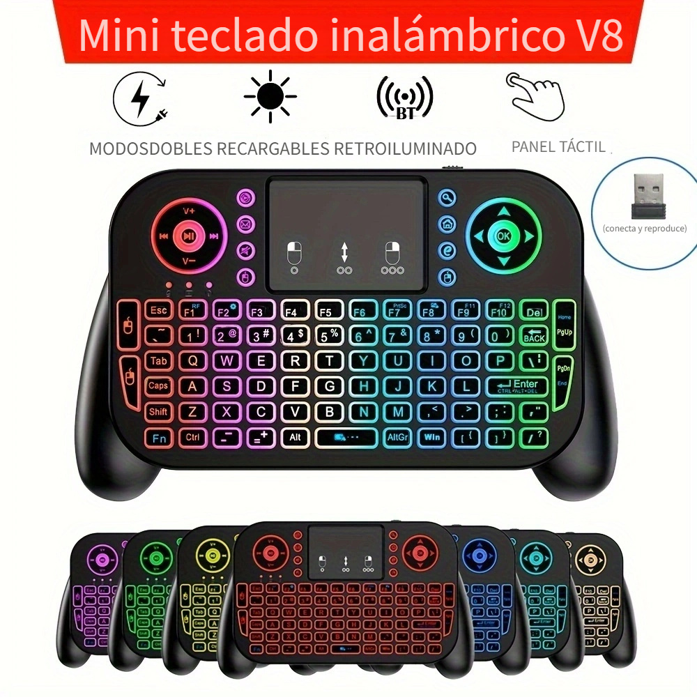 Comprar Mini teclado inalámbrico RF 2,4G, teclado español, francés, ruso,  inglés, retroiluminación, panel táctil, ratón para PC, Notebook,  Dispositivo de Tv inteligente
