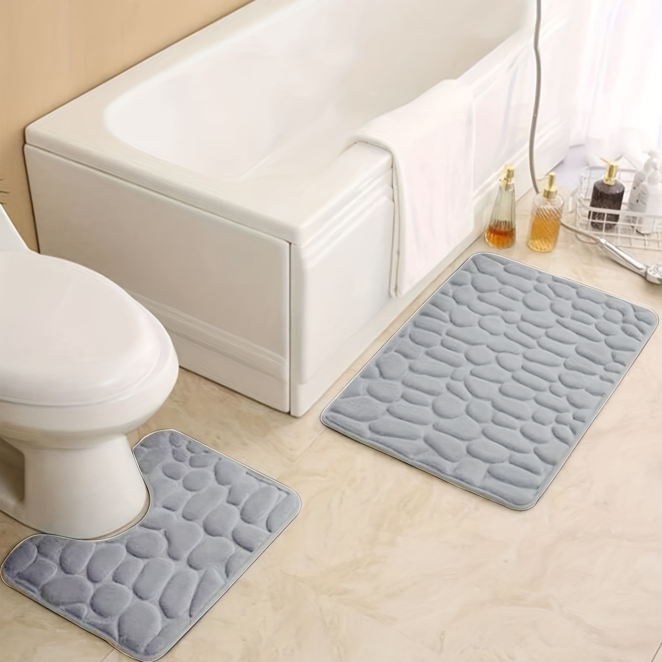 Smart Linen 3 Piece Bathroom Rug Set Includes Bath Rug, Contour Mat and  Toilet Lid Cover, Machine Washable, Super Soft Microfiber & Non Slip Bath  Rugs