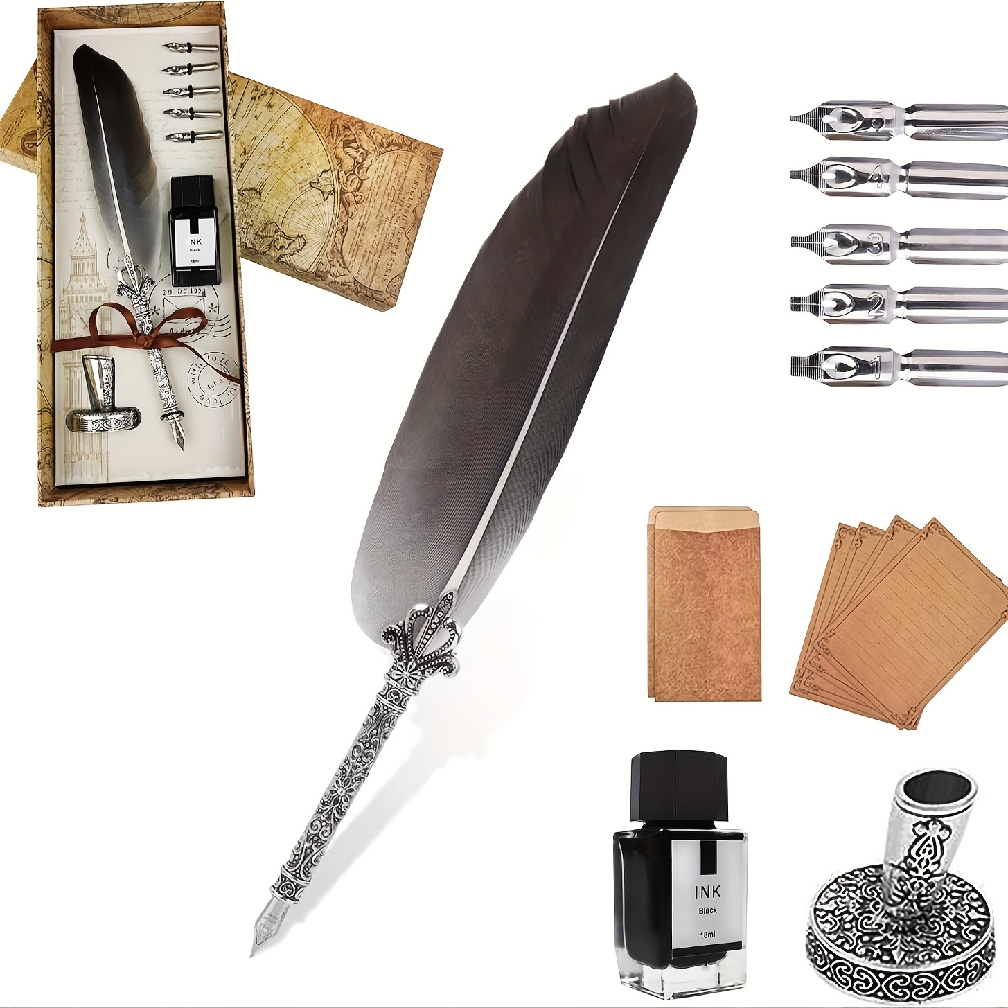 Feather Pen Ink Set Glittering Quill Pen Set Antique - Temu