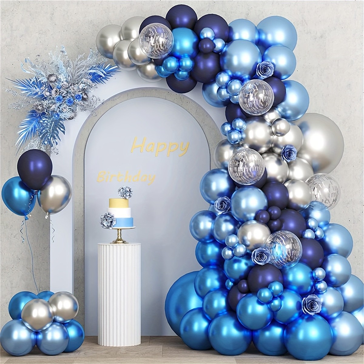 Blue and Black Silver Balloon Garland Kit 140pcs Royal Blue and Silver Starburst Disco Ball Balloons for Men 30th Birthday Party Graduation 80s 90s