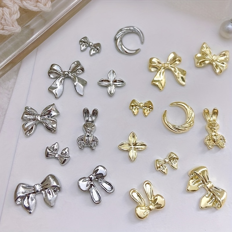 12pcs Assort Pearl Bow Nail Charm Diamond Bow Nail Charm Diamond Bow Nail  Charm W/12 Component Wheel Case Big Pearl Bow Nail Charm Organizer 