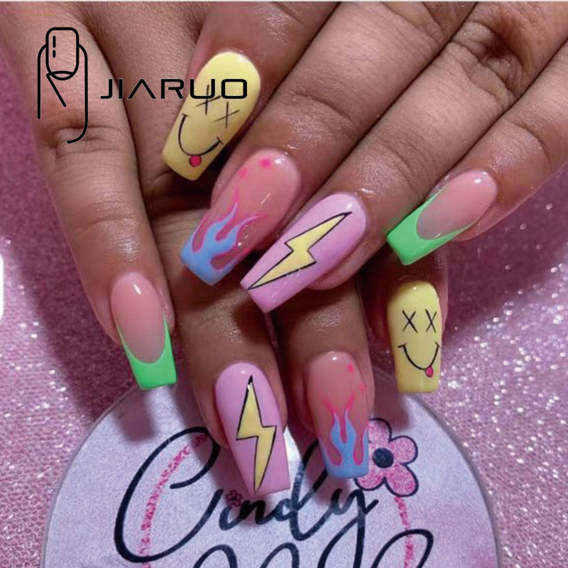 24 Fluorescent Neon Yellow Big Logo Press On False Nails Coffin Stiletto  Square