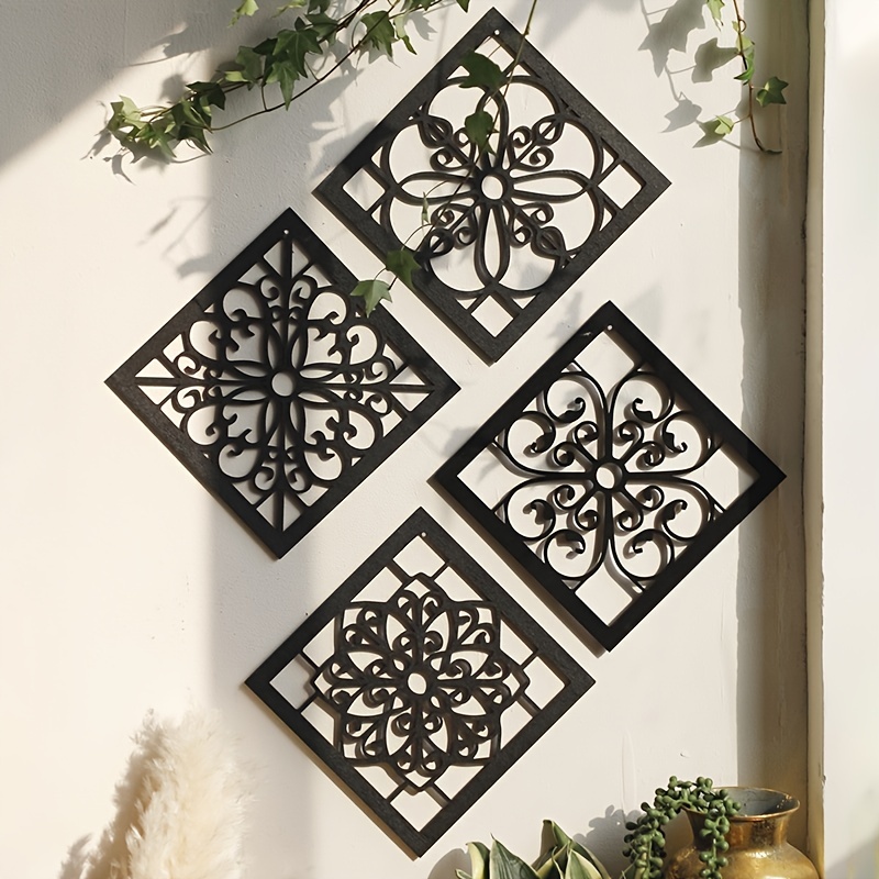 Juego de 3 piezas de arte de pared de madera tallada con diseño de mandala,  diseño floral estético de madera, decoración de pared de madera con