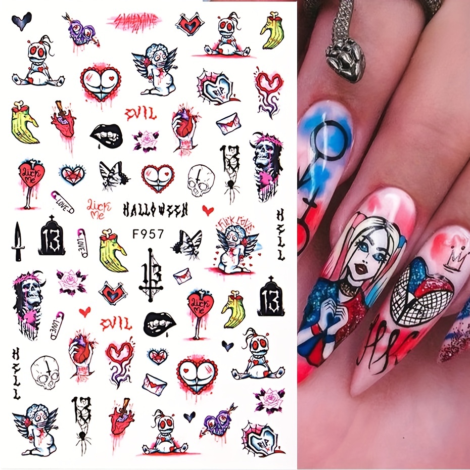  9 Sheets Halloween Nail Art Stickers Ghost 3D Nail Decals  Spider Skull Scary Flame Scar Bloody Nail Designs Rose Bones Horror Eyes  Nail Art Supplies Nail Decorations Accessories for Women 