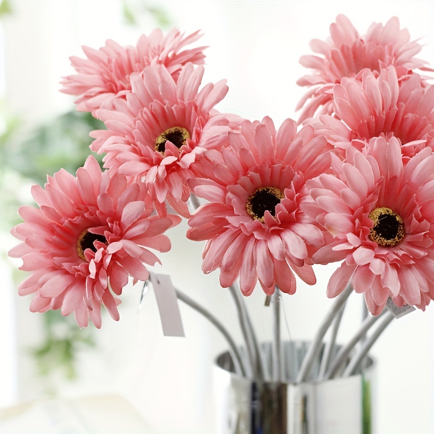 Artificial Daisies Flowers with Stem Leaves Indoor Fake Plants Pink Gerber Daisy  Fake Foliage Greenery Faux Plants for Outdoor Window Box Wedding Decoration  