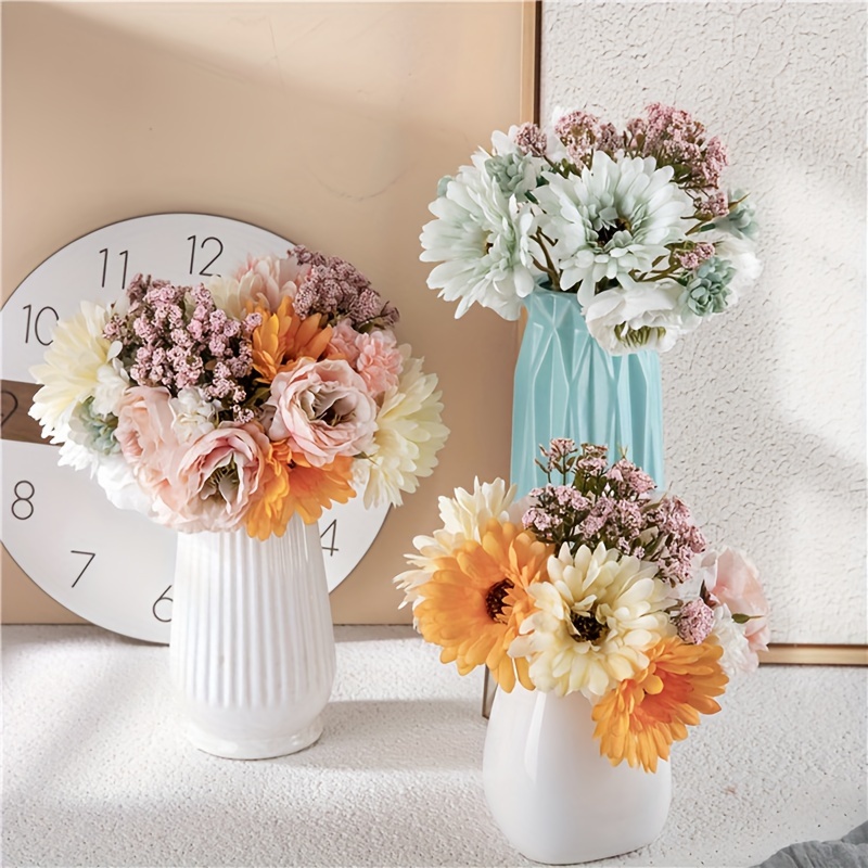 Artificial Daisies Flowers with Stem Leaves Indoor Fake Plants Pink Gerber Daisy  Fake Foliage Greenery Faux Plants for Outdoor Window Box Wedding Decoration  